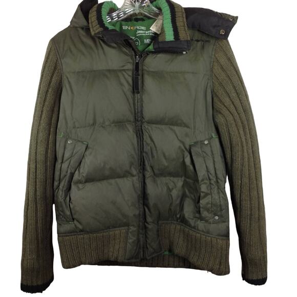 Energie Jean's Session Worn-Out Green Puffer Jacket Knit Sleeve M - Picture 1 of 8